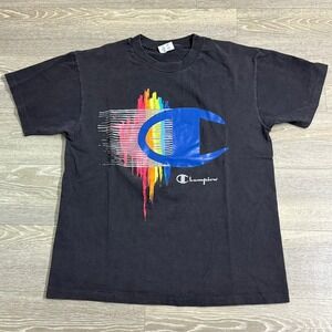 Vintage 90s Champion Graphic Logo T-Shirt Faded Black‎ Single Stitch Large USA